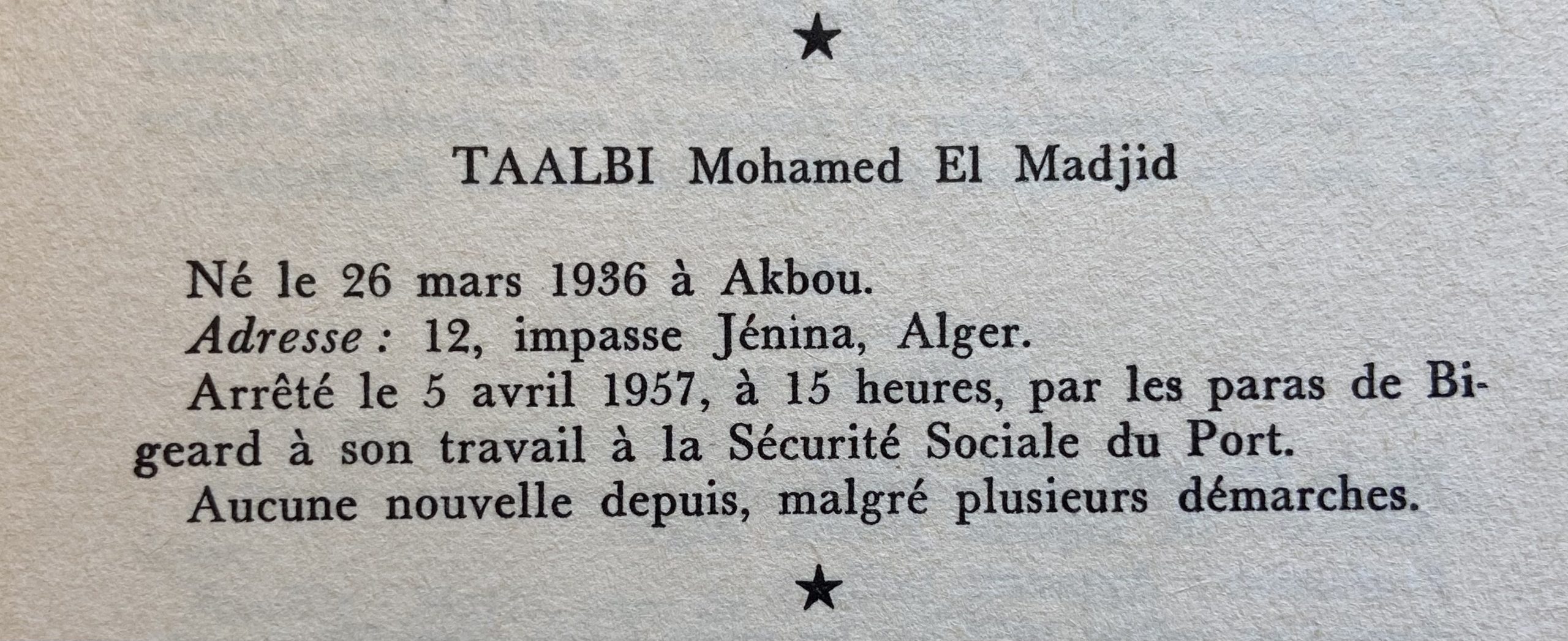 Informations concernant TAALBI Mohamed el Majid dans le Cahier vert, p. 51