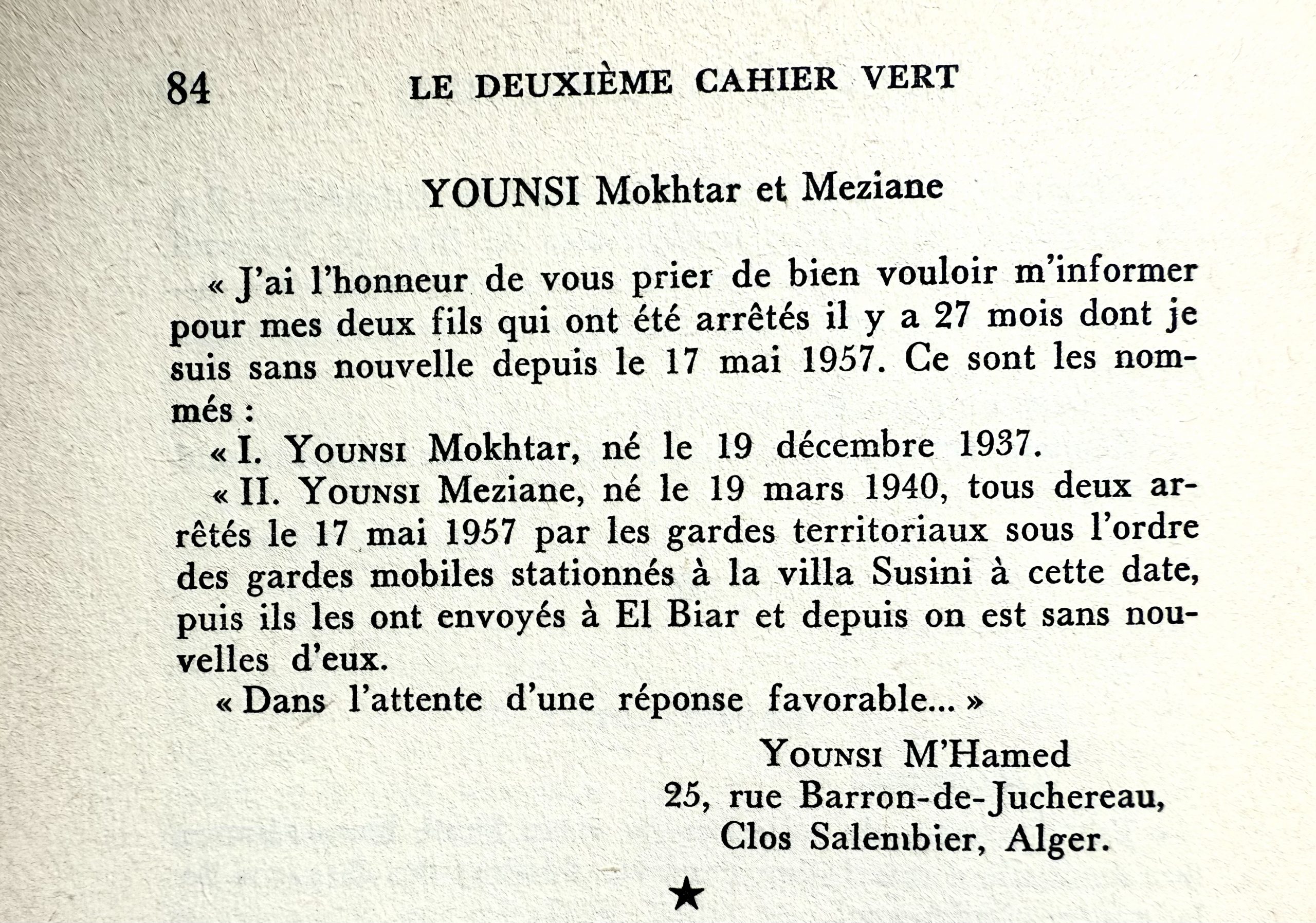 Informations concernant Mokhtar et Meziane Younsi dans Le Cahier vert, p. 84.