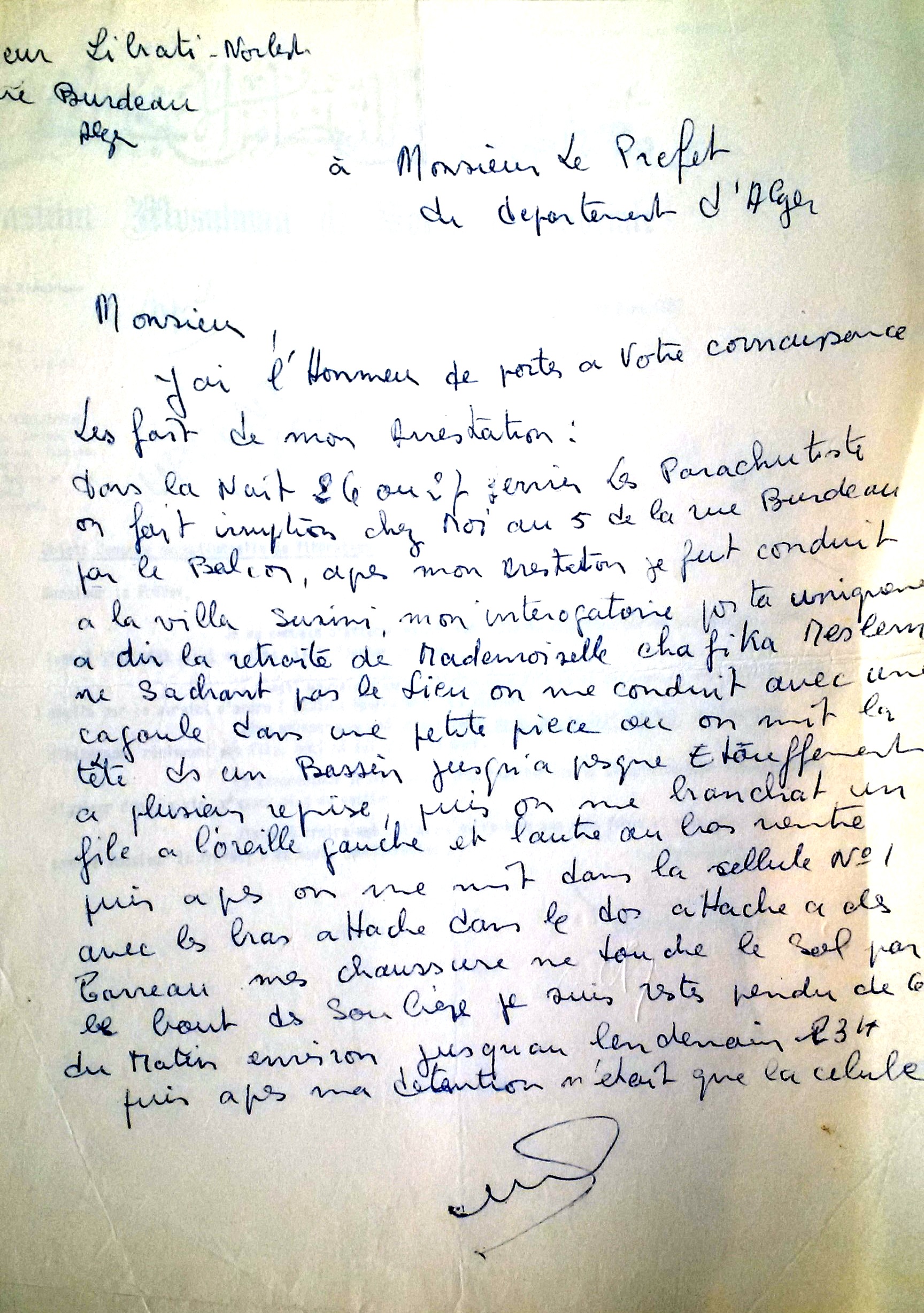 Lettre manuscrite de de Norbert Librati au préfet du département (sans date ; archives de Paul Teitgen)