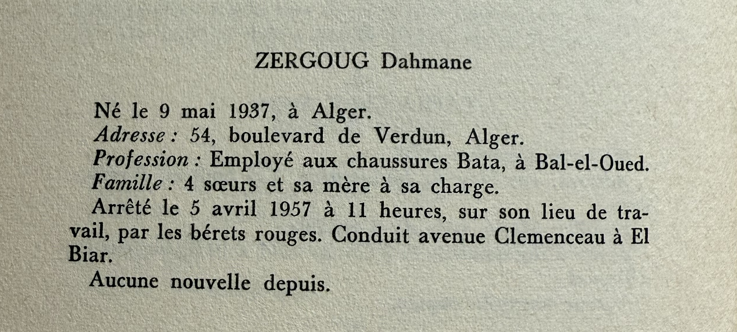 Informations concernant Dahmane Zergoug dans Le Cahier vert, p. 54